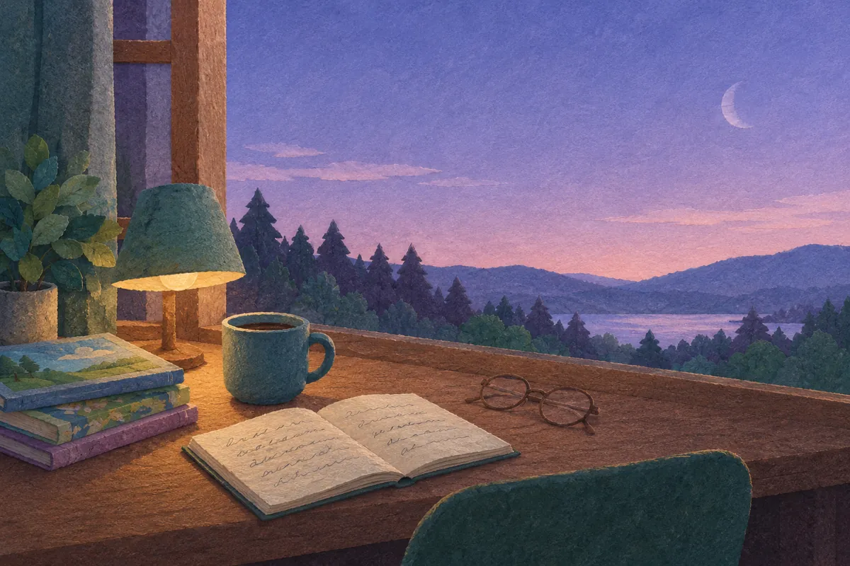 A painted writing desk by a window at dusk, with a lit lamp, a mug, an open notebook, reading glasses, and a stack of books, looking out over pine trees and a lake under a crescent moon.