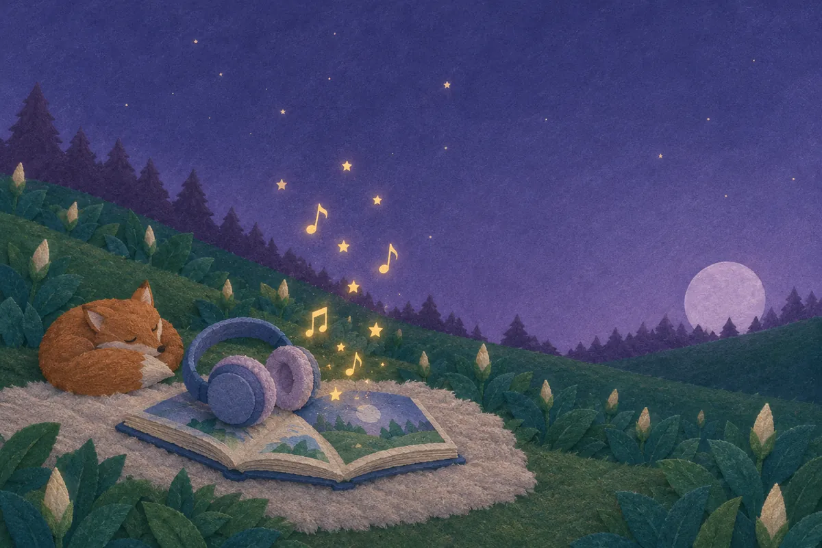 Painted-paper night scene: a fox sleeps beside headphones resting on an open storybook, on a soft rug in a moonlit meadow, with golden music notes and stars drifting up.