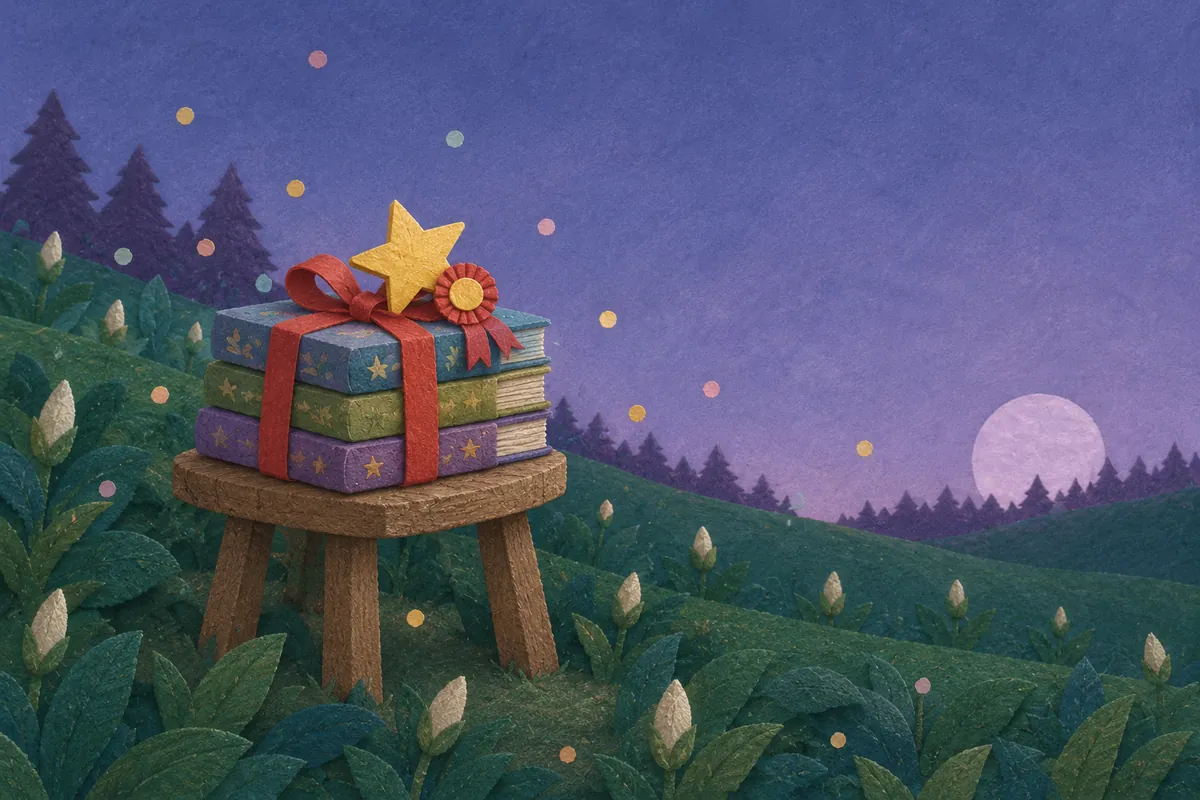 A painted-paper stack of three books tied with a red ribbon, a gold star, and a rosette, set on a wooden stool in a moonlit meadow.