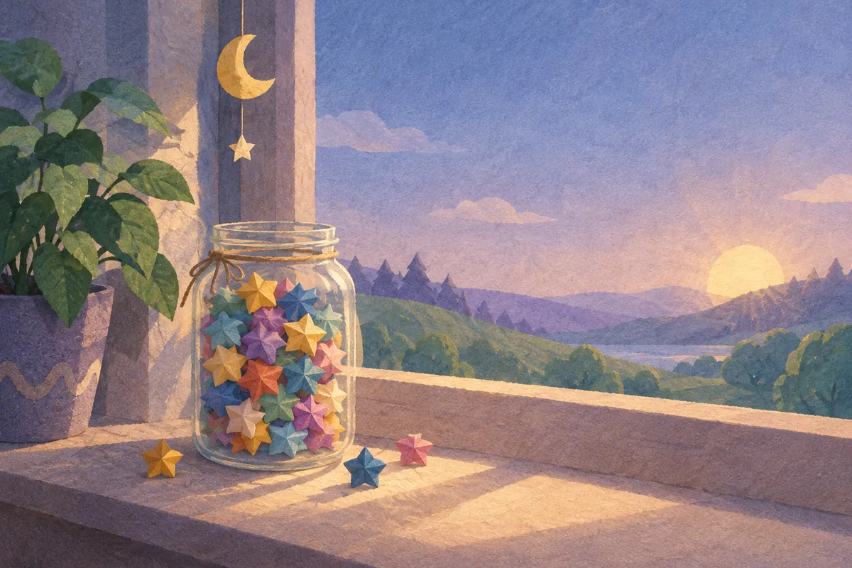 A painted-paper glass jar full of colorful paper stars on a sunlit windowsill, with a few loose stars beside it and hills and a low sun outside.