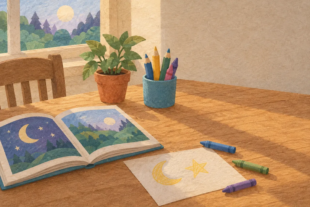 A painted-paper table by a sunny window, with an open picture book of a moonlit forest, a cup of colored pencils, a potted plant, and a child's crayon drawing of a moon and a star.