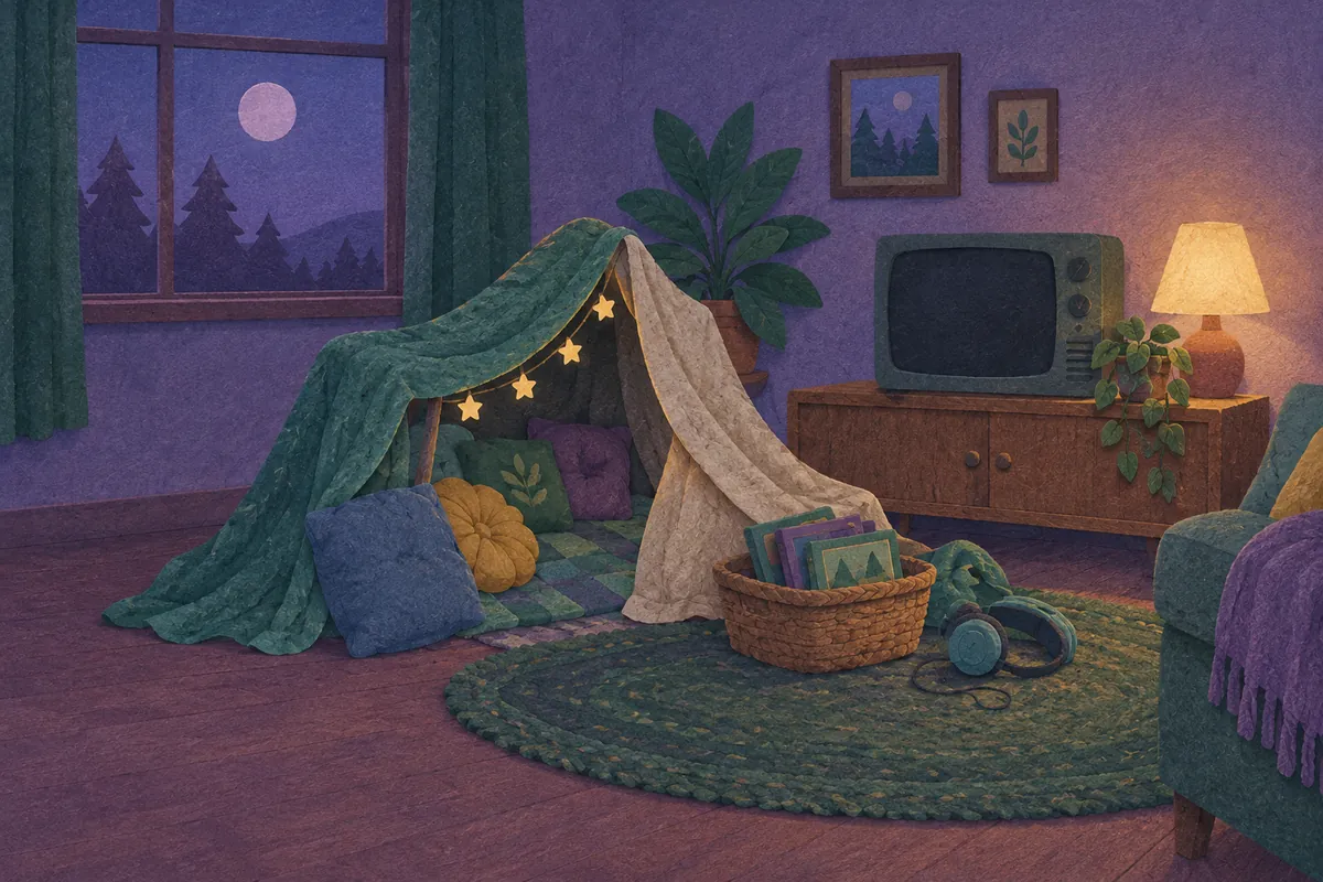 A painted-paper living room in the evening: a blanket fort hung with star lights, a basket of books and a pair of headphones on a round rug, and an old television switched off on a wooden cabinet.