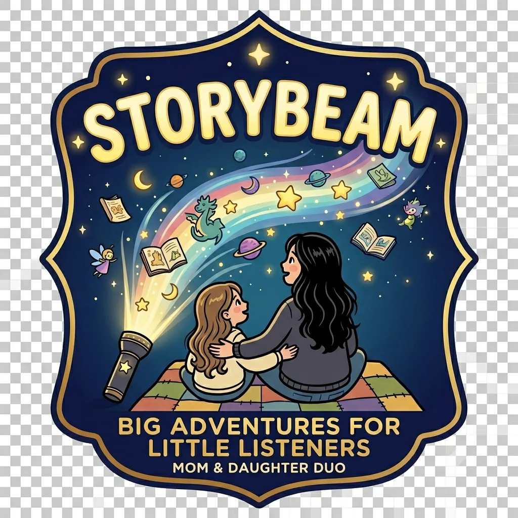 StoryBeam badge artwork with a mom, daughter, books, stars, and a flashlight.