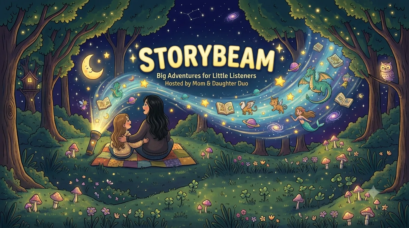 StoryBeam nighttime forest with a mom, daughter, flying books, stars, and fantasy creatures.