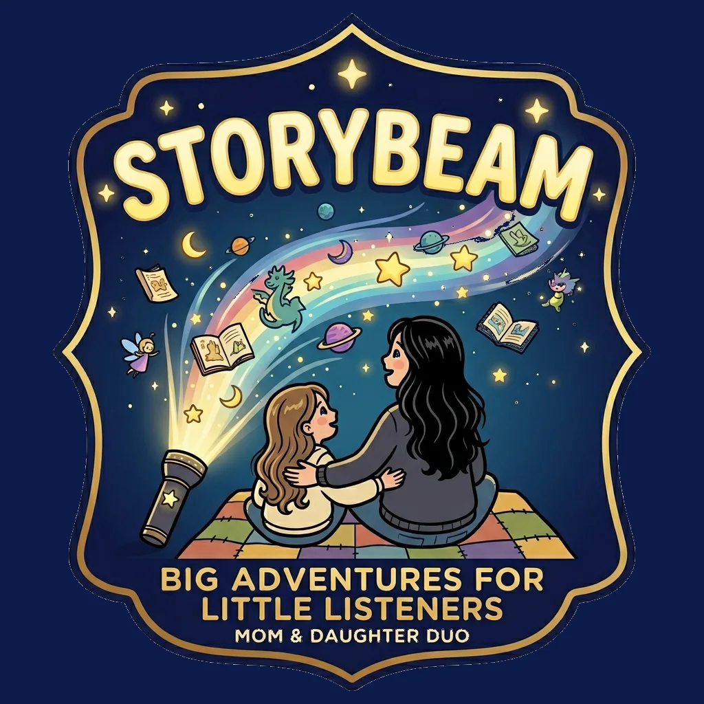StoryBeam crest logo with a mom and daughter under a magical story beam.