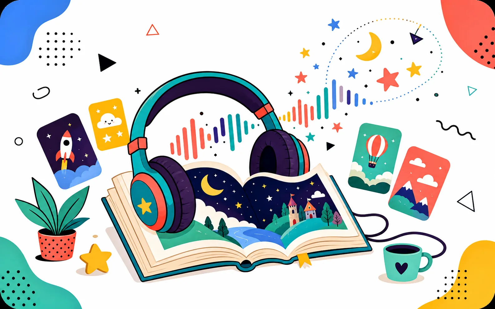 Memphis-style StoryBeam Kids illustration with headphones resting on an open storybook, colorful sound waves, stars, and story cards.