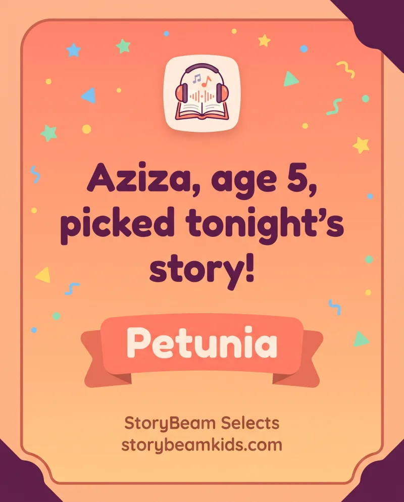 Shareable card reading: Aziza, age 5, picked tonight's story! Petunia. StoryBeam Selects, storybeamkids.com.