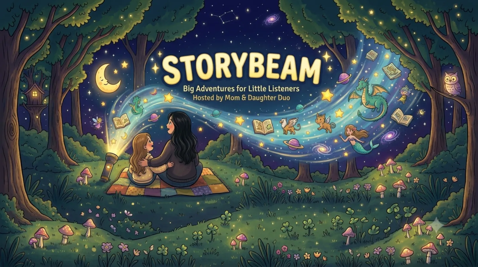 StoryBeam canonical wide banner with a glowing forest story scene.