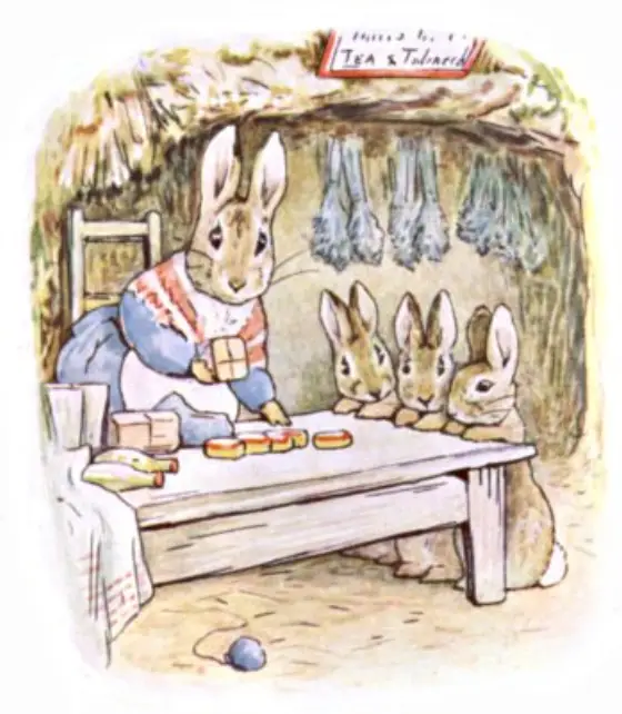 Beatrix Potter's picture for the passage: That wood was full of rabbit holes; and in…