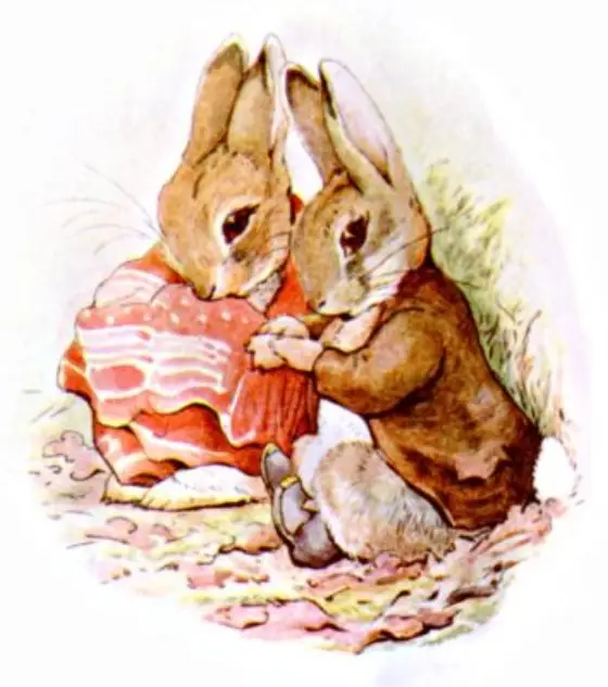 Beatrix Potter's picture for the passage: "Peter," said little Benjamin, in a whisper, "who has…