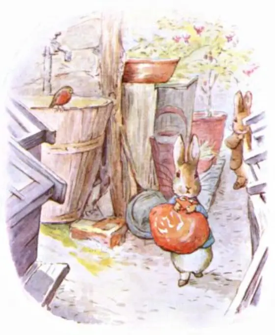 Beatrix Potter's picture for the passage: They got amongst flower-pots, and frames, and tubs. Peter…