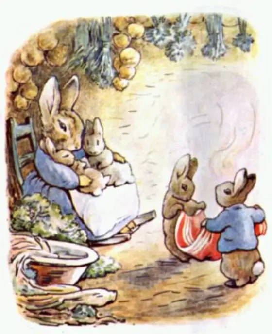 Beatrix Potter's picture for the passage: When Peter got home his mother forgave him, because…