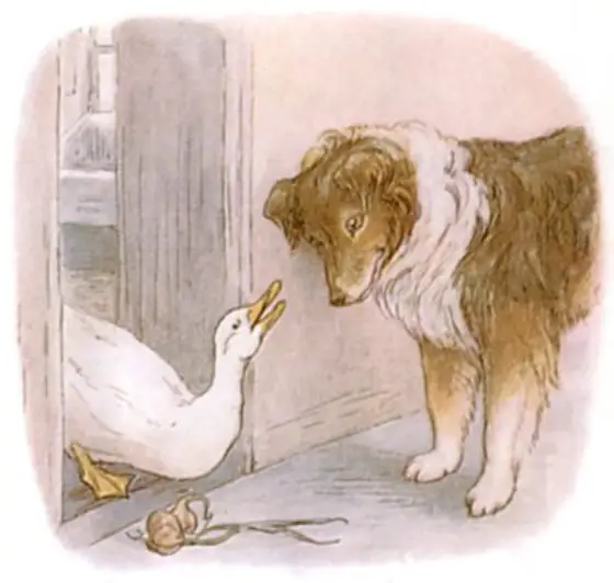 Beatrix Potter's picture for the passage: And she waddled into the kitchen, and got two…