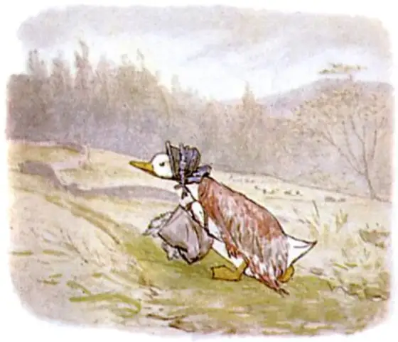 Beatrix Potter's picture for the passage: Jemima Puddle-duck went up the cart-road for the last…