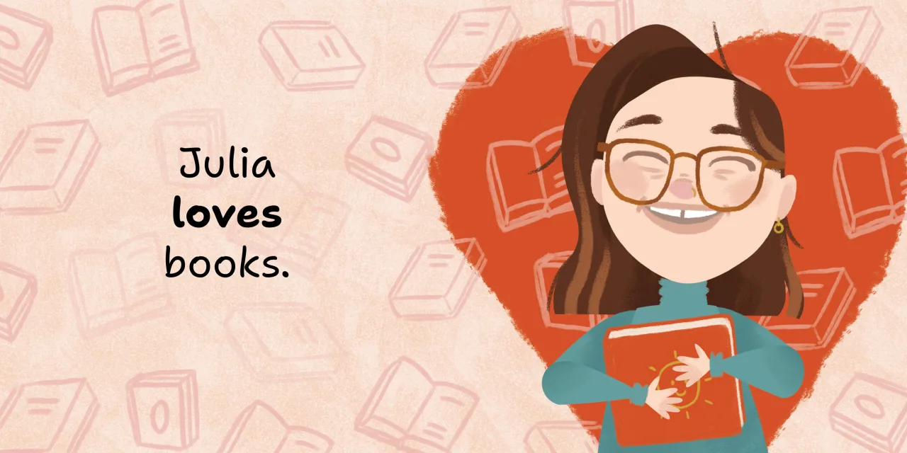 Julia Loves Books — illustrated spread 1 of 12. Official Book Dash page image with embedded story text and artwork.