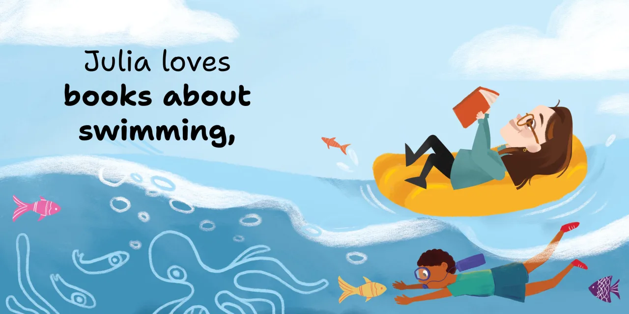Julia Loves Books — illustrated spread 4 of 12. Official Book Dash page image with embedded story text and artwork.