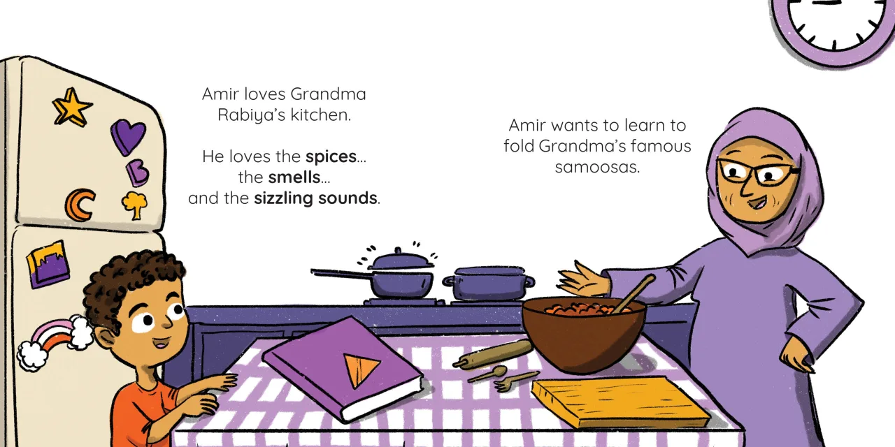 Samoosas! — illustrated spread 1 of 12. Official Book Dash page image with embedded story text and artwork.