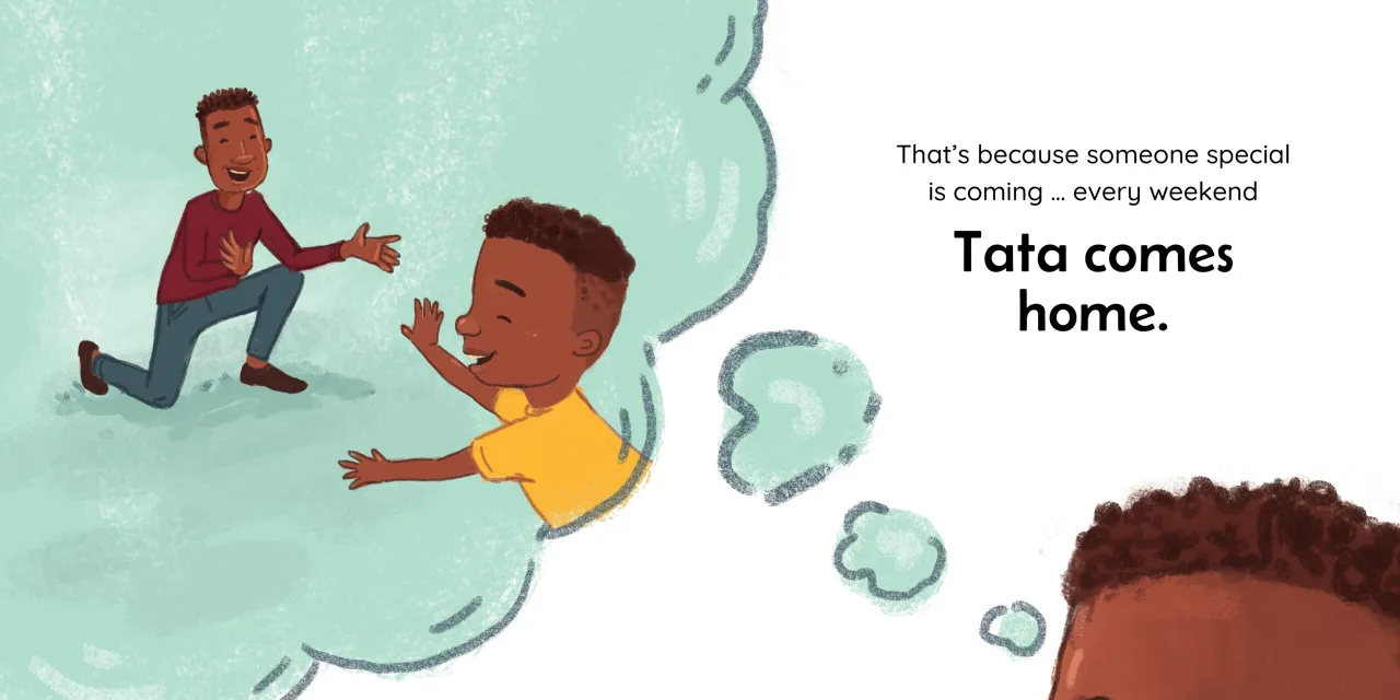 Tata comes home — illustrated spread 3 of 12. Official Book Dash page image with embedded story text and artwork.