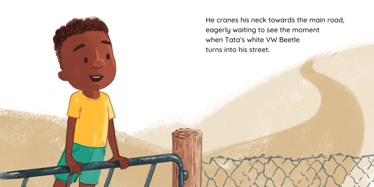 Tata comes home — illustrated spread 4 of 12. Official Book Dash page image with embedded story text and artwork.