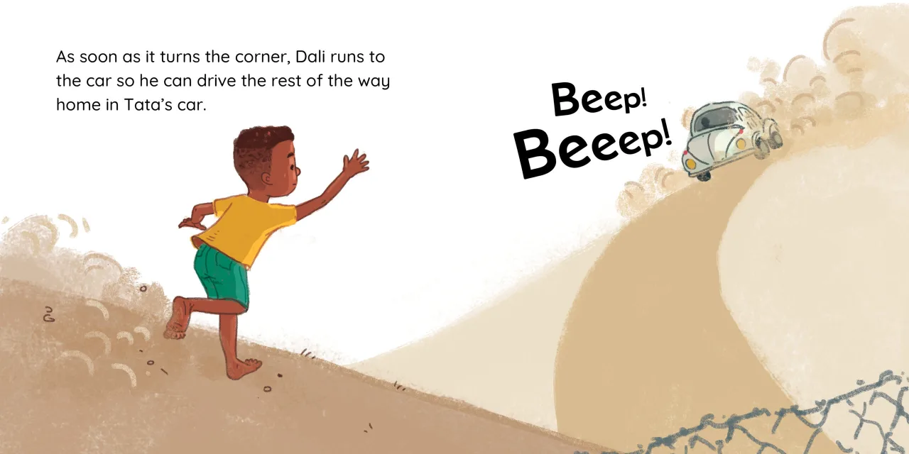 Tata comes home — illustrated spread 5 of 12. Official Book Dash page image with embedded story text and artwork.