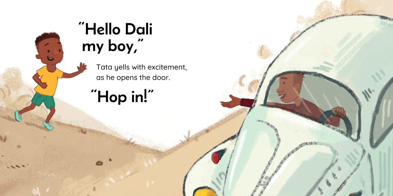 Tata comes home — illustrated spread 6 of 12. Official Book Dash page image with embedded story text and artwork.