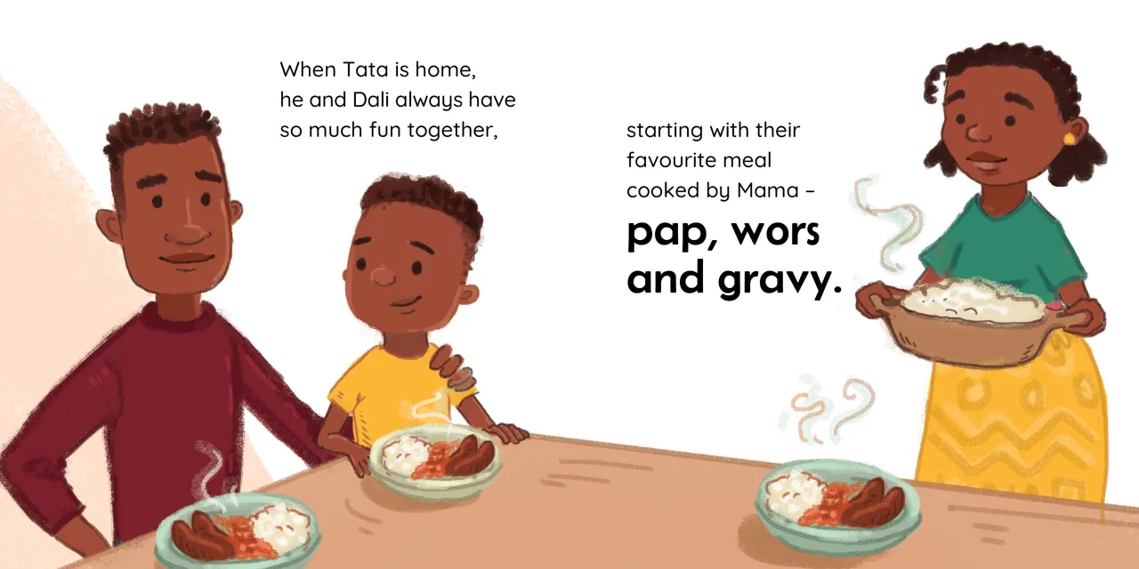 Tata comes home — illustrated spread 7 of 12. Official Book Dash page image with embedded story text and artwork.