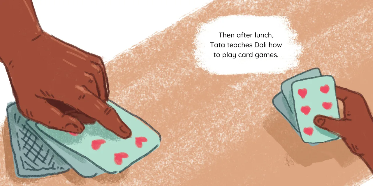 Tata comes home — illustrated spread 9 of 12. Official Book Dash page image with embedded story text and artwork.