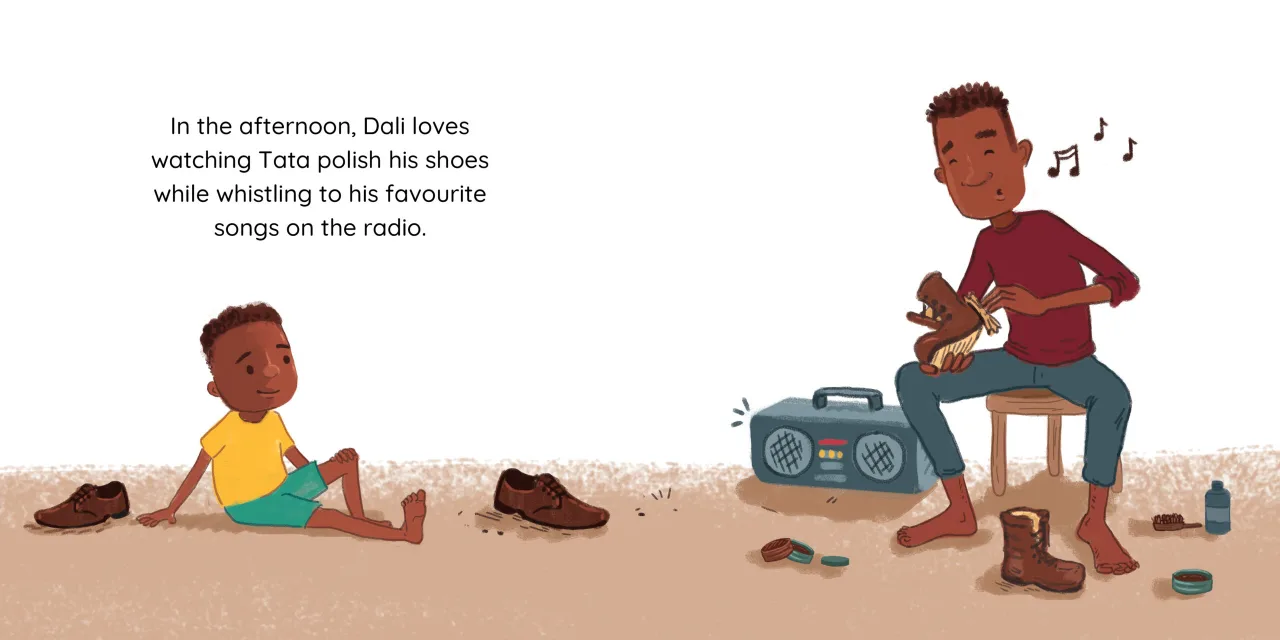 Tata comes home — illustrated spread 10 of 12. Official Book Dash page image with embedded story text and artwork.