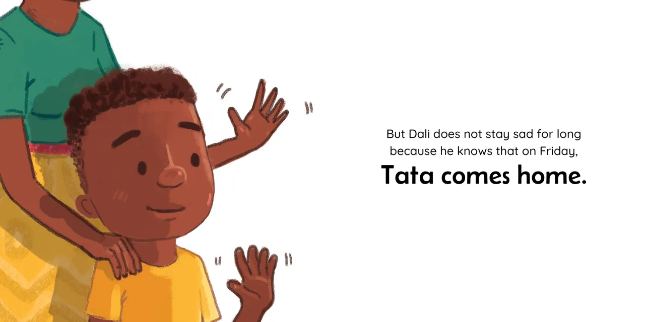 Tata comes home — illustrated spread 12 of 12. Official Book Dash page image with embedded story text and artwork.
