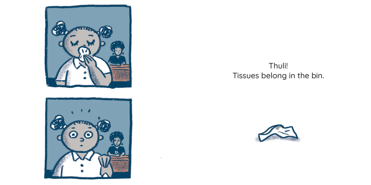 Thuli’s Tissue — illustrated spread 1 of 12. Official Book Dash page image with embedded story text and artwork.