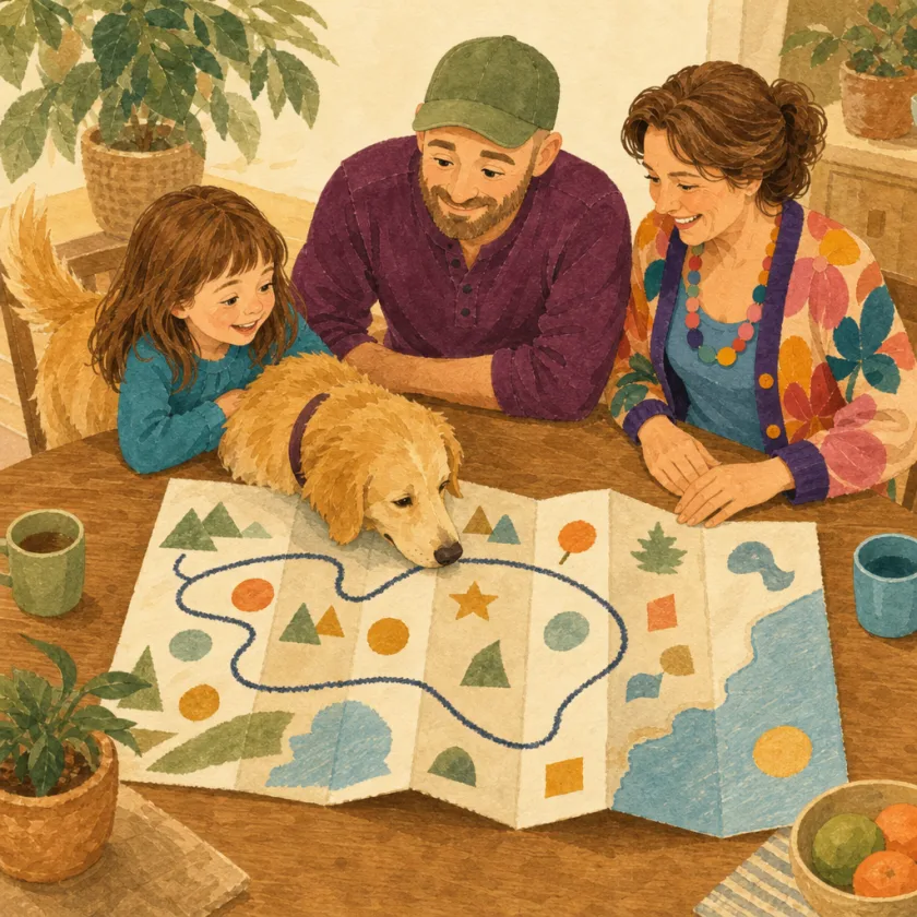 Allison, Uncle, and Aunt lean over a trail map on the kitchen table while Enzo presses his nose onto the paper.