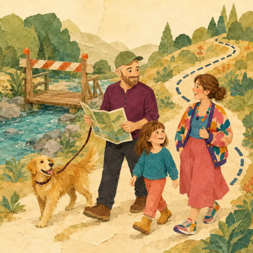 The family turns cheerfully from a closed footbridge toward the longer loop trail, Enzo trotting on his leash.