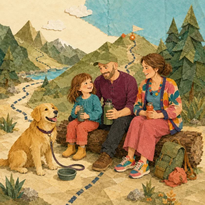 Enzo sits firmly planted beside a water bowl while Allison, Uncle, and Aunt rest on a fallen log with canteens.