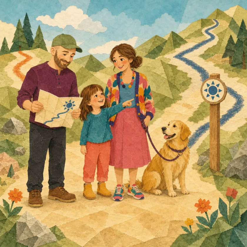Uncle holds the open map while Allison points to a blue trail marker on a post that matches the map's symbol.