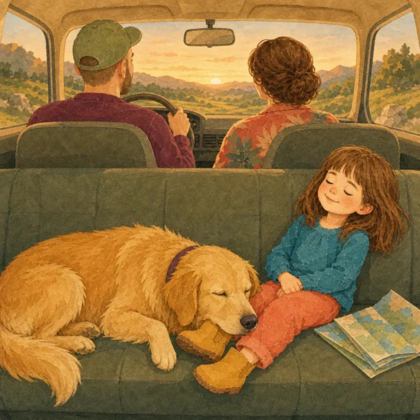 Enzo sleeps with his nose on Allison's shoe on the quiet ride home at dusk.