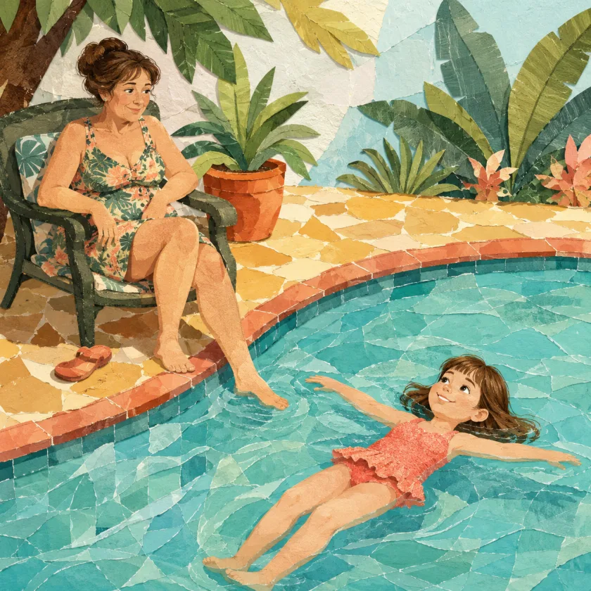 Allison floats nearby while Nonna takes a quick shaded break between swims, smiling toward the pool with one sandal off.