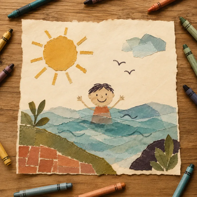 An overhead view of Allison's crayon drawing: a simple golden sun, layers of wavy blue-green water, and one smiling swimmer.