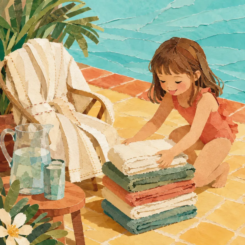 Allison arranges a poolside welcome station: a robe over the best chair, a leaning towel tower, and a jug of drinking water.