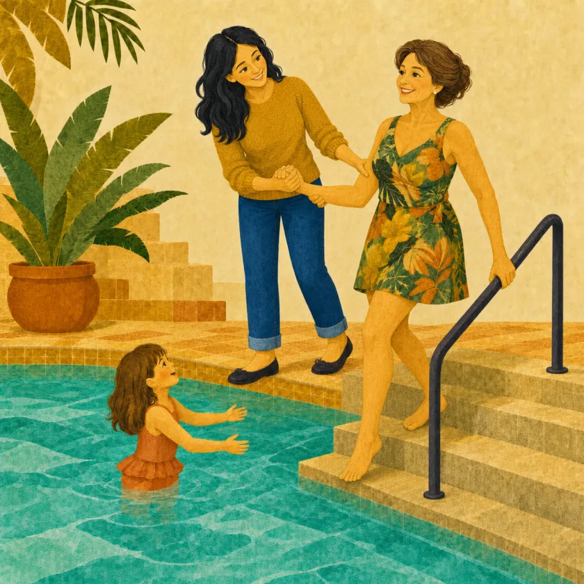 Nonna steps confidently down the pool steps, smiling with her chin up and one hand on the rail, while Mom clasps her other hand and lightly steadies her arm; Allison reaches out from the shallow end.