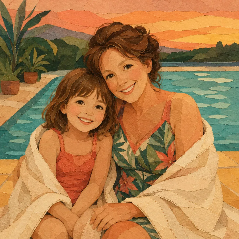Wrapped in warm towels at dusk, Nonna hugs Allison close beside the calm pool under a peach sky.