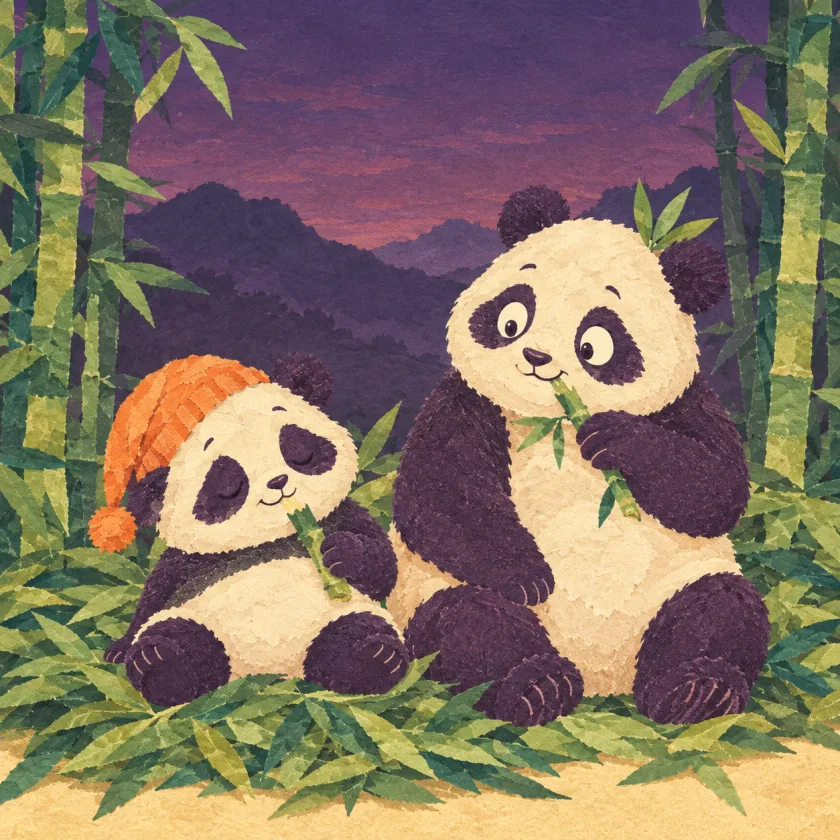 Bao the little panda has fallen fast asleep sitting up in the bamboo leaves, a bamboo stalk still at his mouth and his orange nightcap crooked, while his big sister Mei chews her supper and glances at him.
