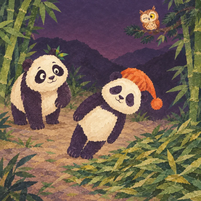 Under a plum dusk sky Bao tips stiffly sideways, fast asleep on his feet, toward a soft pile of bamboo leaves, while Mei watches calmly and the owl looks down from a pine branch with one eye open.