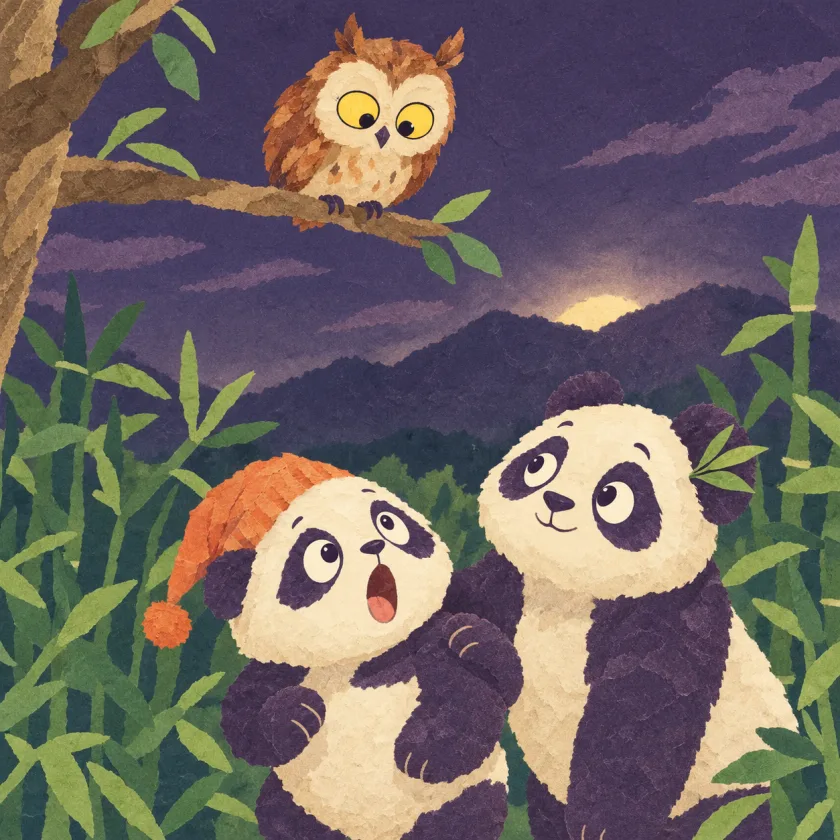 The owl stares down from his pine branch with both big yellow eyes open, and Bao looks up at him with his mouth wide open in surprise, Mei beside him, a pale glow rising behind the mountain.