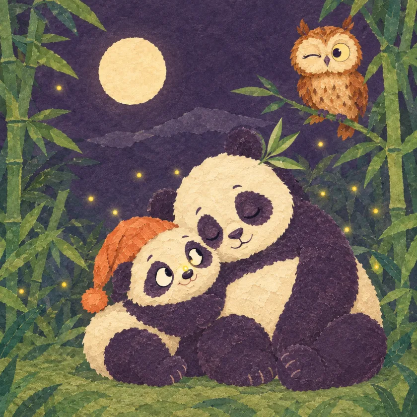 Under a round moon Bao snuggles against Mei, who is fast asleep, and peers at one tiny glowing firefly on the tip of his nose, while more fireflies rise from the bamboo and the owl watches with one eye open.
