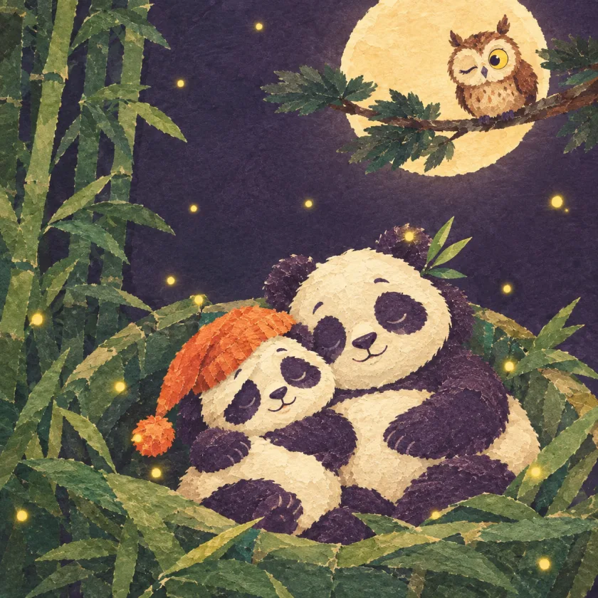Bao and Mei sleep leaning on each other in the bamboo, smiling, Bao's nightcap sliding over one eye, while fireflies glow all around and the owl keeps watch from a pine branch against the moon.
