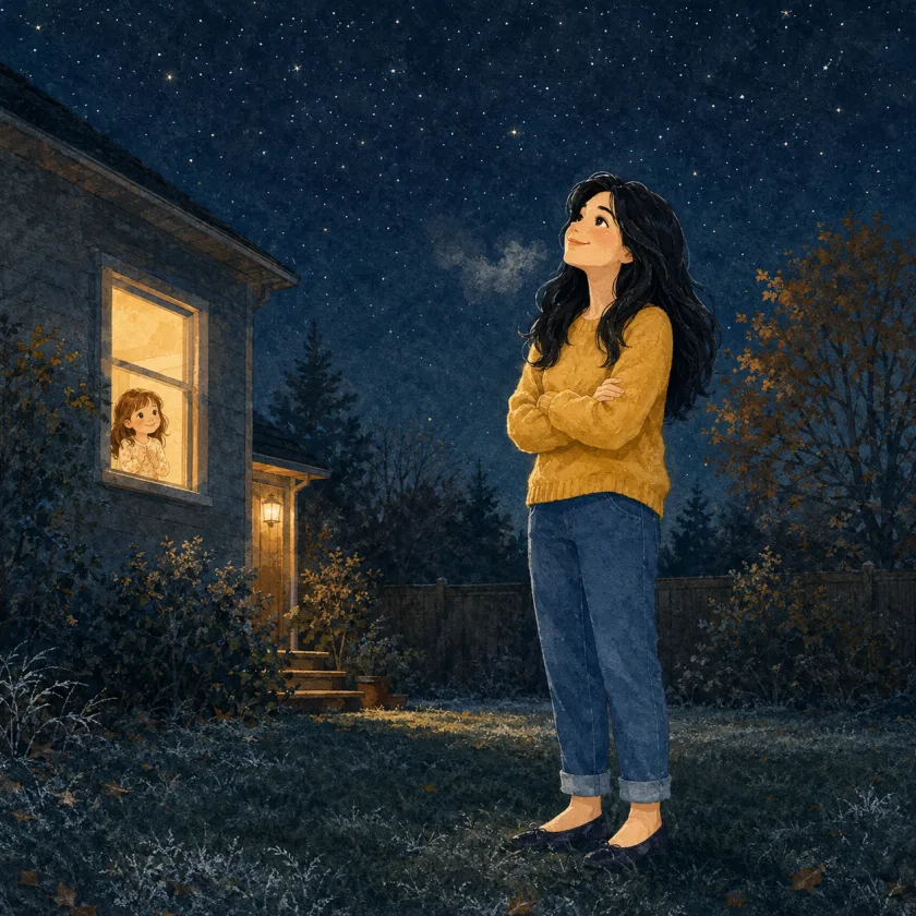 Mom stands alone on the dark grass under a sky full of sharp stars, face lifted to read the weather, while Allison watches from a warm lit window above in her pajamas.