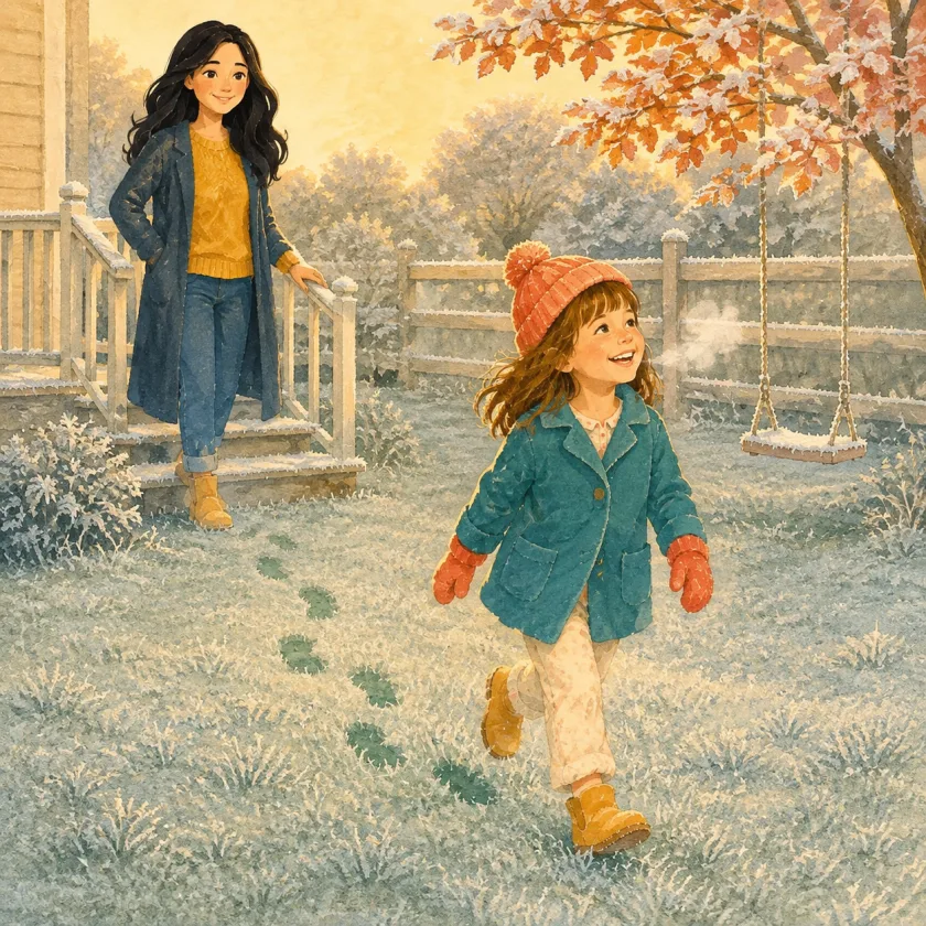 The whole back yard is silvered with the year's first frost as Allison steps out onto the sparkling grass in her coat and mittens, dark green footprints trailing behind her, Mom watching from the porch steps.