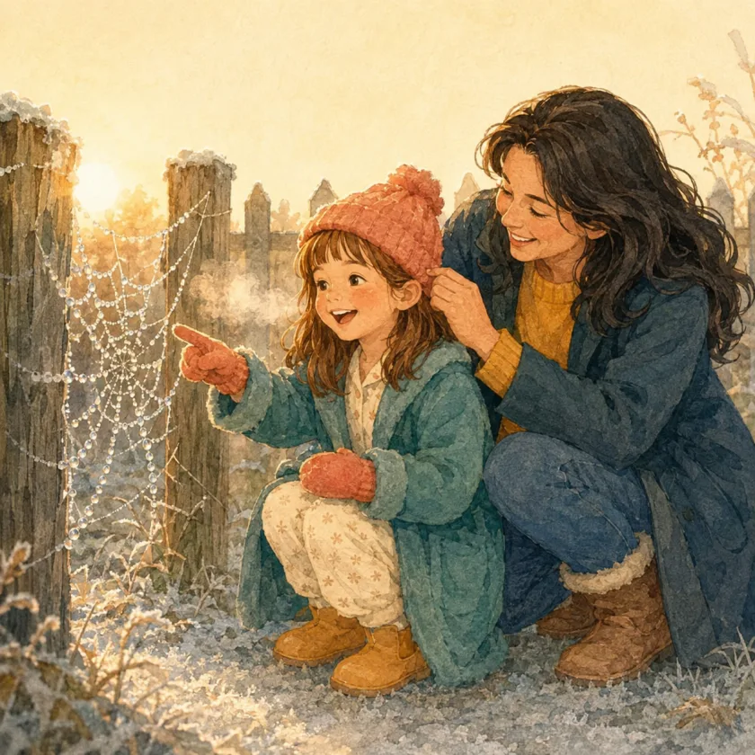 Allison and Mom crouch knee to knee at the fence in the first gold light, Allison pointing at a spiderweb strung with rows of silver frost beads while Mom tucks a strand of hair back under her coral hat.