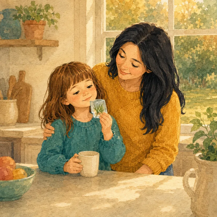 In the warm afternoon kitchen Allison holds up a small slab of ice with blades of grass frozen inside it, her other hand around a plain cup, Mom leaning in close beside her with an arm around her shoulders.