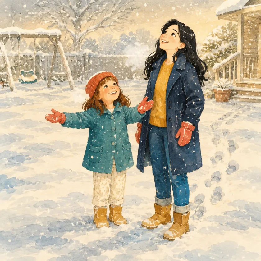 Allison stands in the year's first snowfall with her arms wide and her face turned up, catching flakes on her mittens, Mom close beside her looking up at the falling snow.